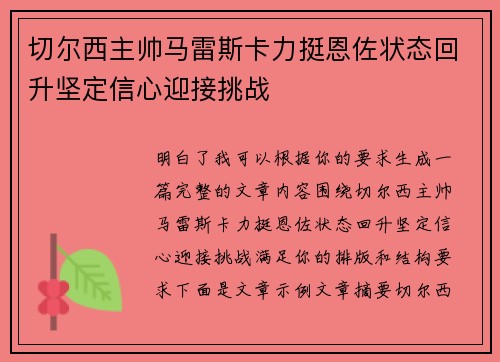 切尔西主帅马雷斯卡力挺恩佐状态回升坚定信心迎接挑战 切尔西主帅马雷斯卡力挺恩佐状态回升坚定信心迎接挑战